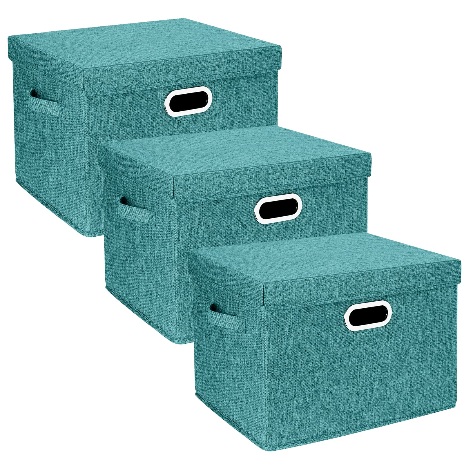 TYEERS Large Storage Box with Lid, Collapsible, Washable, Fabric Storage Box for Clothes, Wardrobe Storage, 44x30x29 cm, Set of 3, Aqua Deep