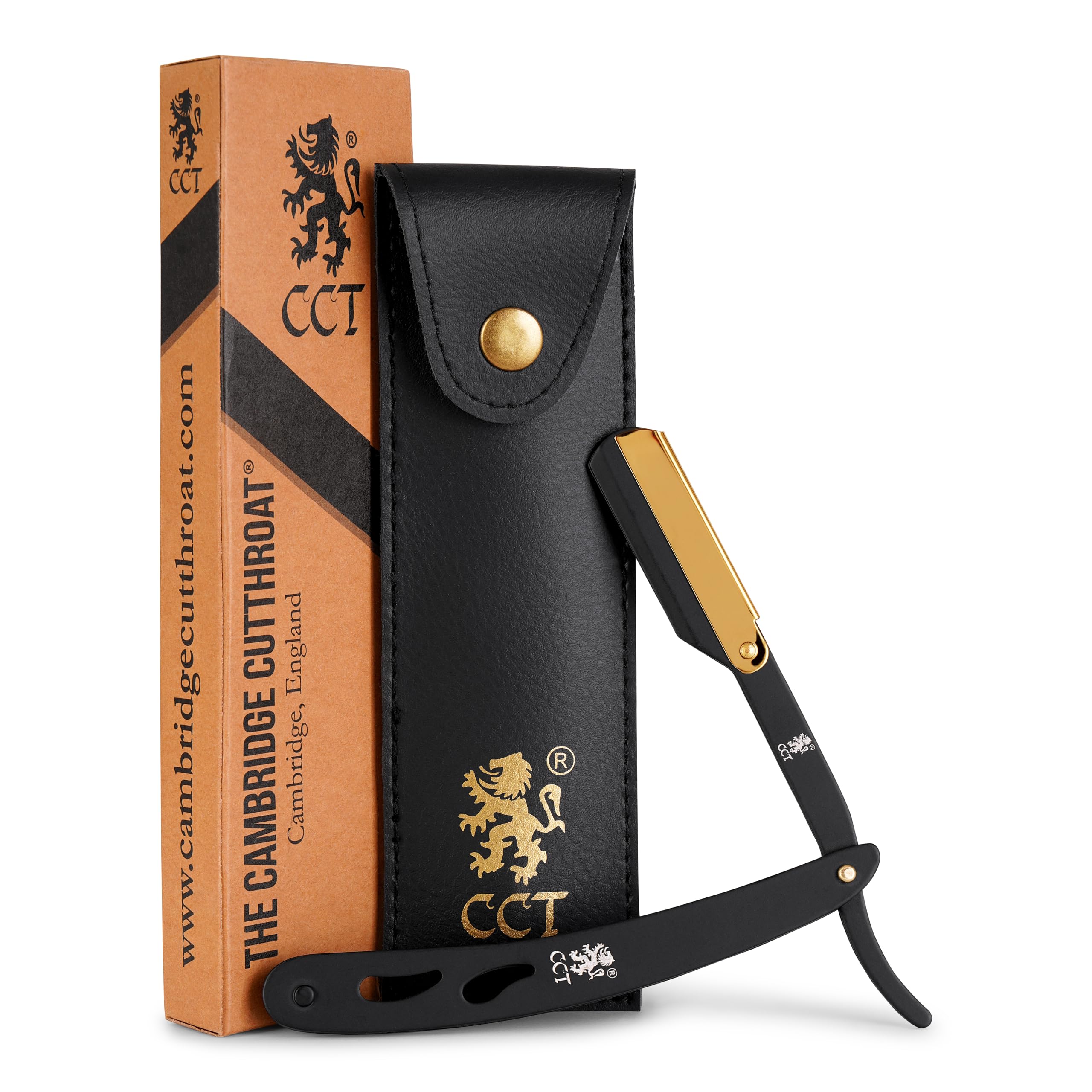 The Cambridge Cutthroat® Cut Throat Razor Kit with Travel Pouch - Black & Gold Stainless Steel Professional Barber Single Straight Edge for Men - Moustache Shaver & Beard Shaper