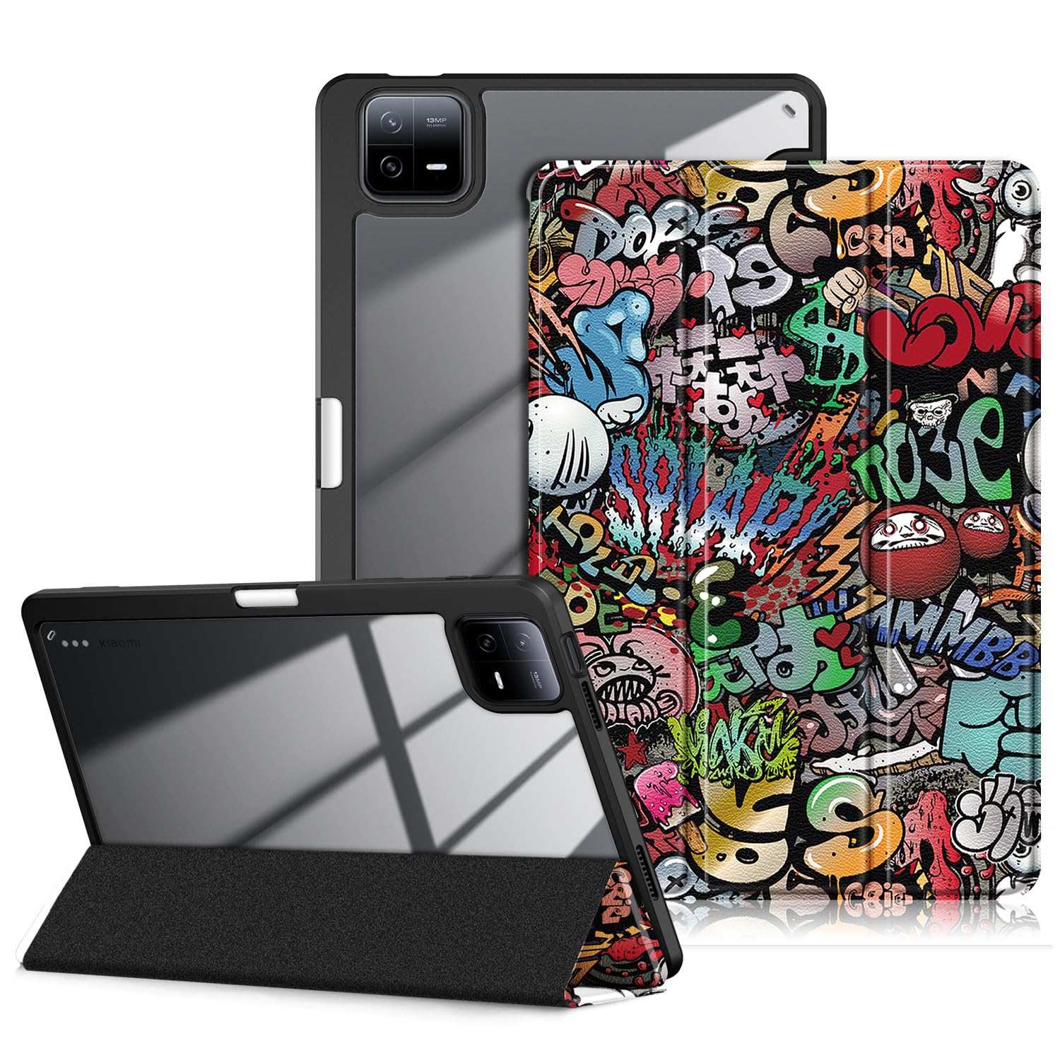 DINGGUAGUA Case for Xiaomi Pad 6 11 inch,Transparent Hard Shell Back Folio Trifold Smart Cover Xiaomi Mi Pad 6 Pro 2023 Release,with Auto Wake/Sleep,Graffiti
