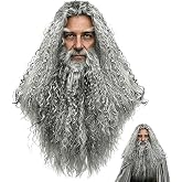 TINVSKQQKJ Gray Wizard Wig Beard Set Halloween, Costume Wig Long Curly for Men Adults Cosplay Party Accessories (Gray Funny Father Time)