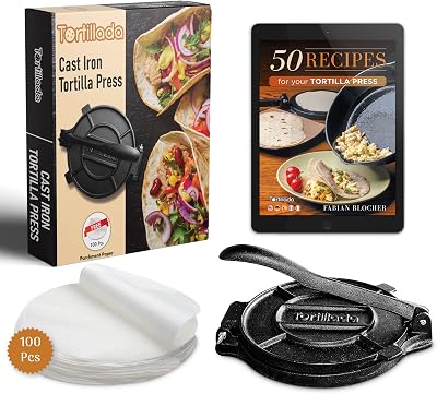 Tortillada Cast Iron Tortilla Press 20 cm with Parchment Paper & E Book