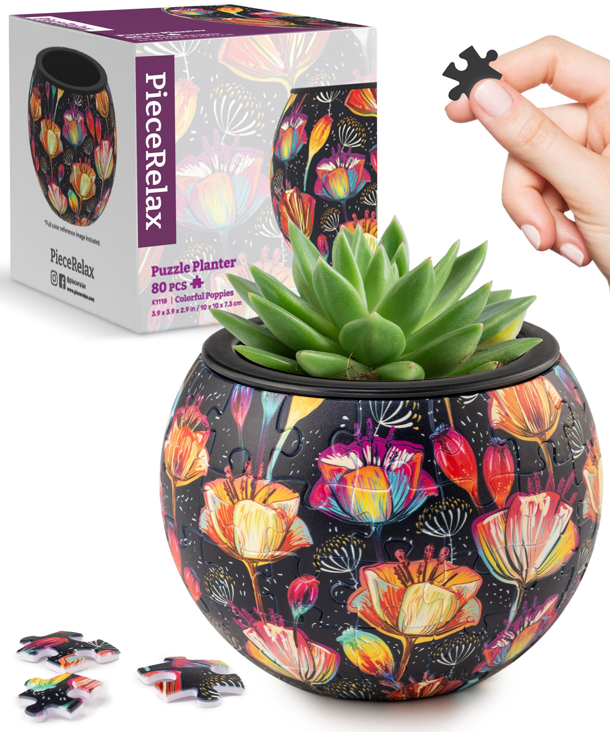 PieceRelax 3D Puzzle Planter - Colorful Poppies - Small Round Plant Pots with Drainage, Home Decor Flower Pots for Indoor Cactus, Succulents Pots [K1118] — image 1