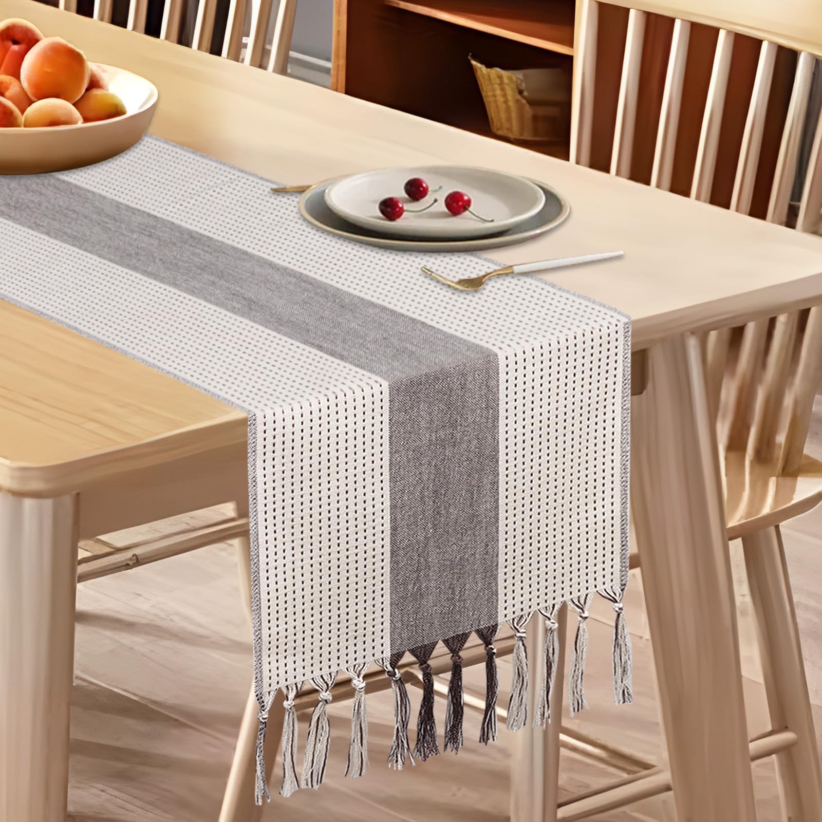 Niuoppy Linen Table Runner 183 x 33 cm, Sage Green Table Runner with Handmade Tassels, Coffee Table Runners for Table Dining Holiday Party Decoration (Light Coffee)