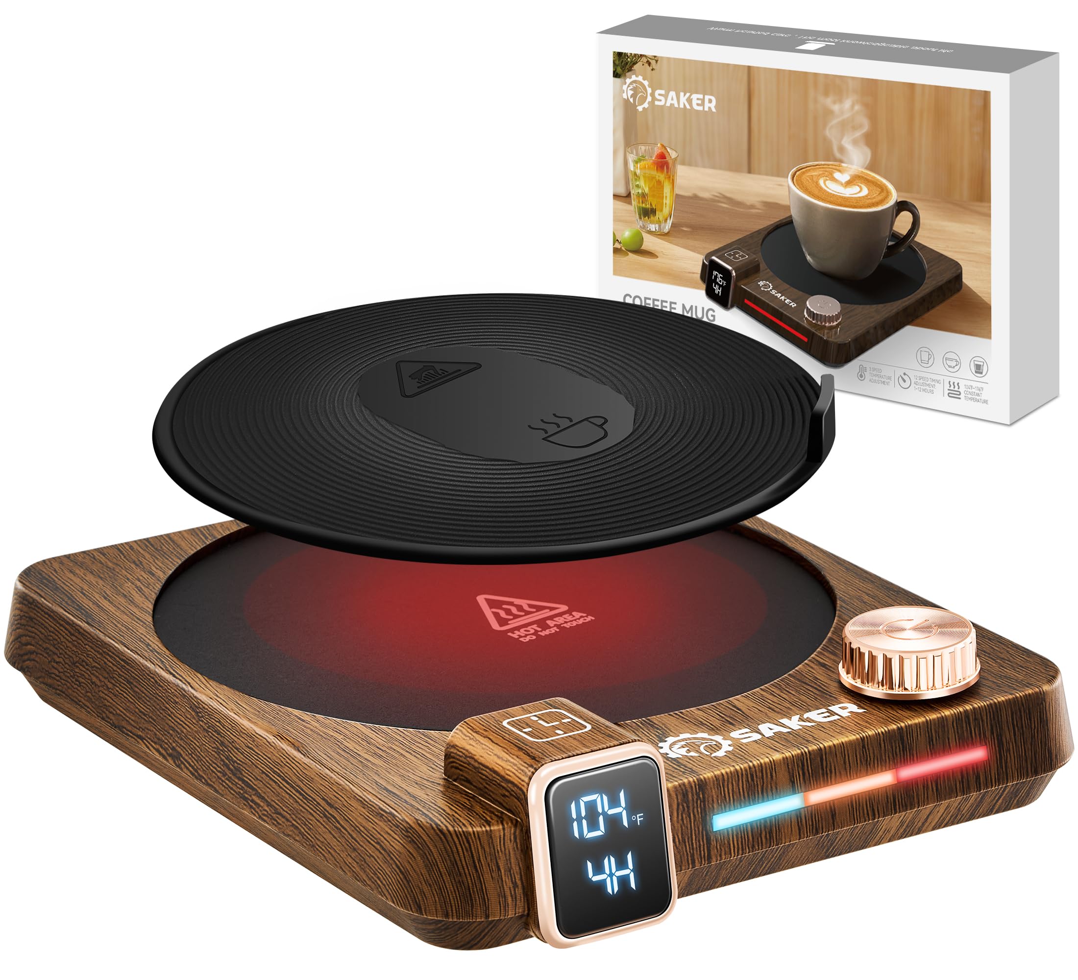 Photo 1 of Saker Coffee Mug Warmer with Temperature and Time Display Smart Candle Warmer with Reservation Feature Cup Heater 1-12Hrs Auto Shut Off and Tri Color Light Strip,Timing and Knob Adjustment for Desk