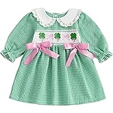 St Patricks Day Baby Girl Outfit Shamrock Bow Embroidery Plaid Long Sleeve A Line Smocked Dress Toddler Spring Clothes