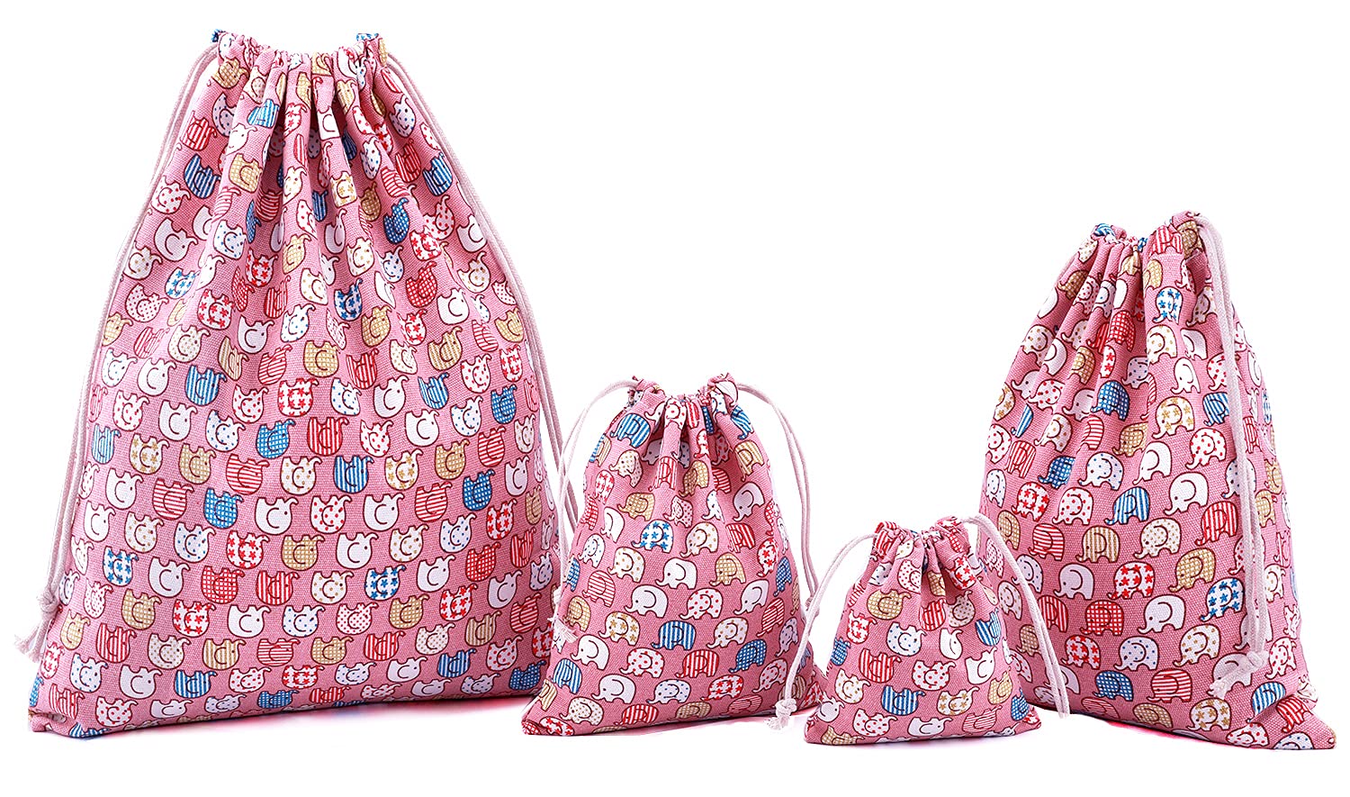 Amoyie 4 pcs Drawstring Storage Bag Set for Baby Stuff, Travel Home Accessories - Pink Elephant