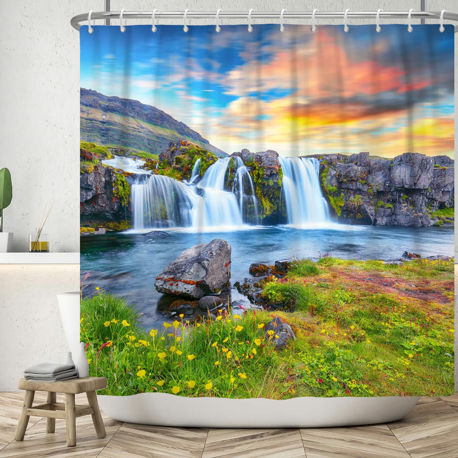 ASDCXZ Shower Curtain 180x180 cm, Natural Landscape Mountains and Rivers Waterfall Flowers Grass Washable Bath Shower Curtains Polyester Textile Waterproof Shower Curtain for Bathtub with 12 Hooks — image 1