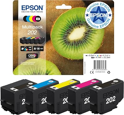 Epson 202 Kiwi Genuine Multipack 5 Colour Ink Cartridges Claria Black Yellow