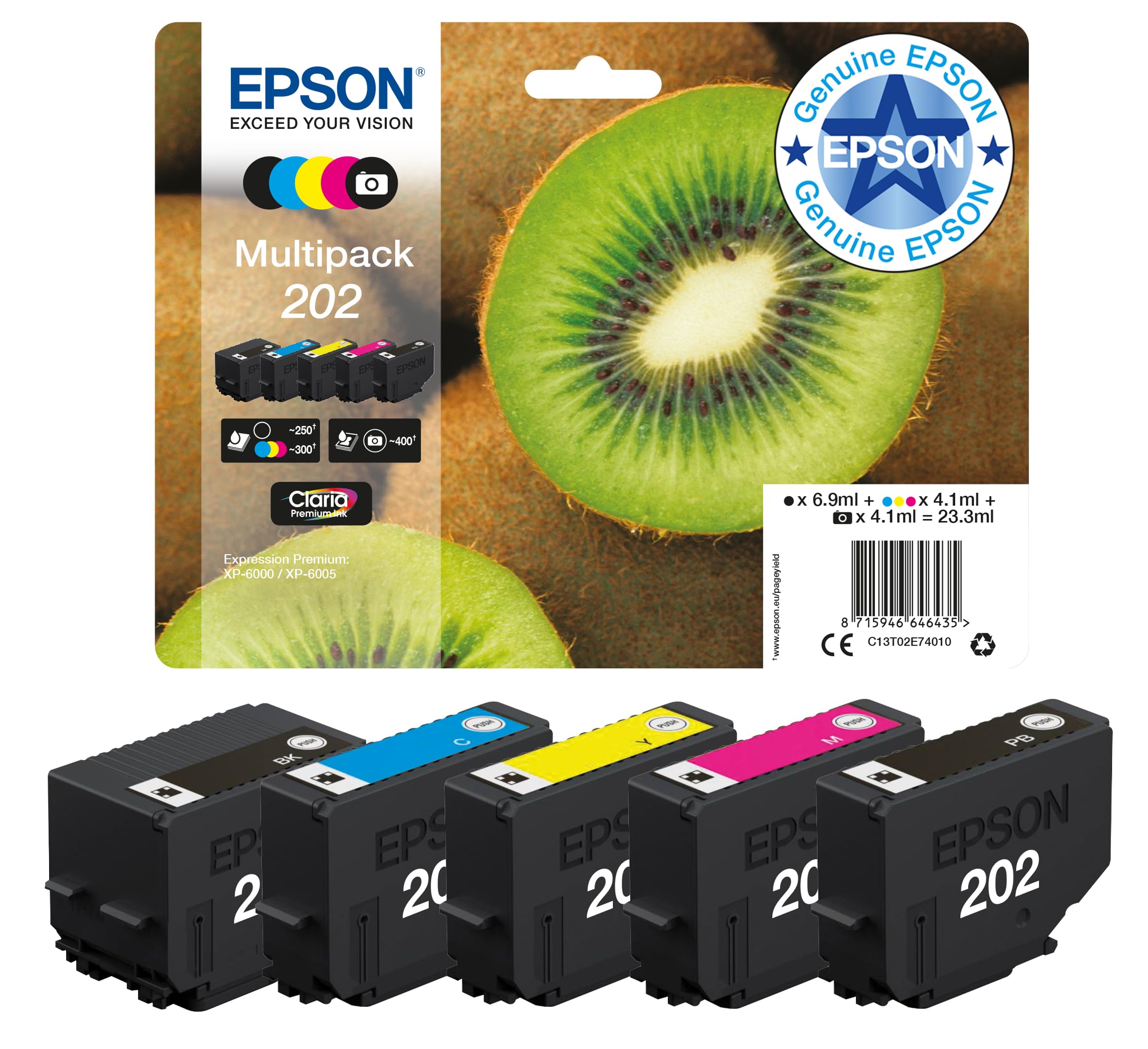 Epson 202 Kiwi Genuine Multipack, 5-colours Ink Cartridges, Claria Premium Ink, Black/Yellow/Magenta/Cyan, Standard Capacity