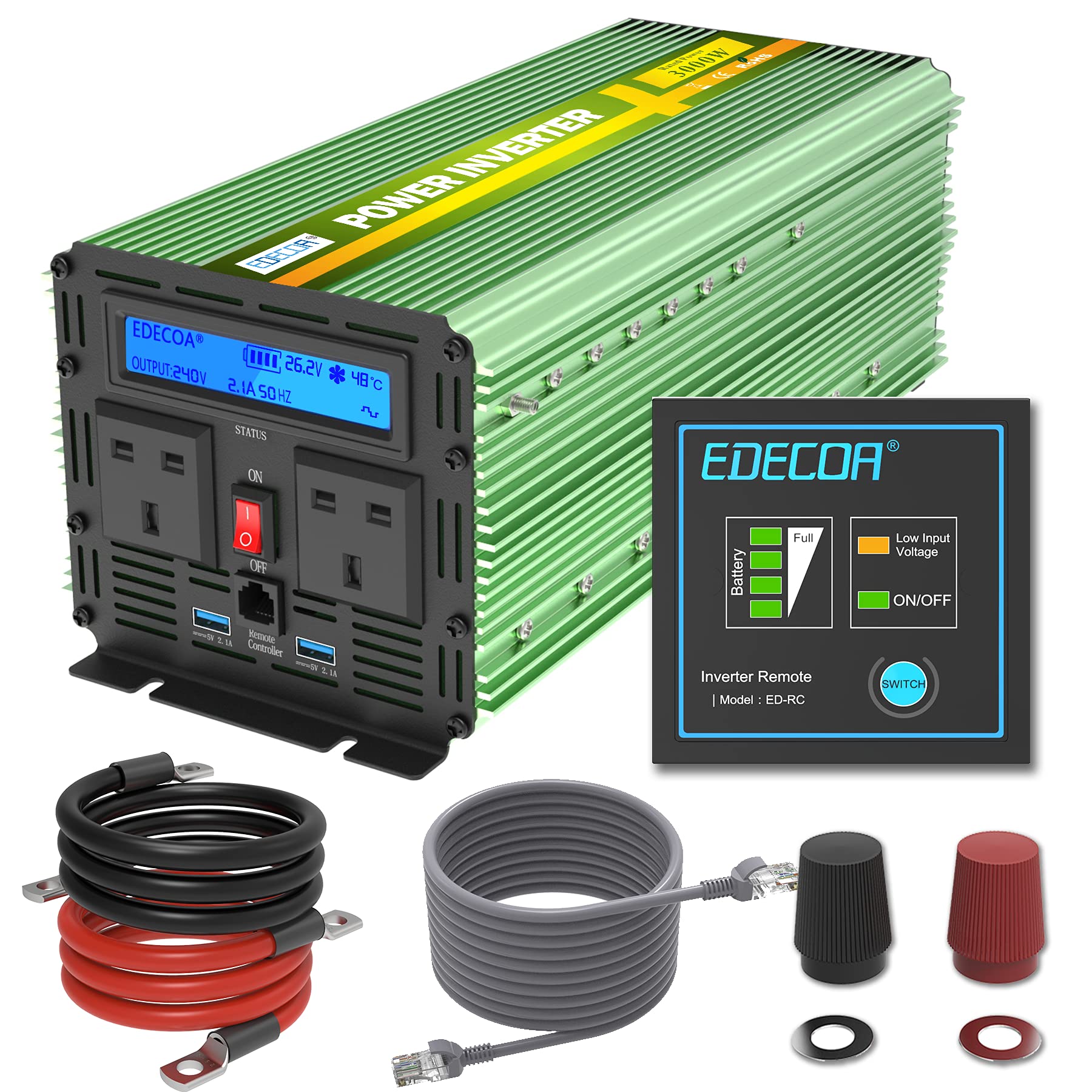 EDECOA 3000W 24V Power Inverter DC 24V to 240V 230V 220V AC with LCD Display, Remote Control and Dual USB Ports
