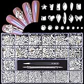Yzzseven 12 Types of 600 White Diamonds + 2500 Flat Rhinestones Mix 20 Styles Flatback DIY Crafts Rhinestone Crystals 3D Ornaments Flat Back Stones Set + Tweezers + Drill Pen