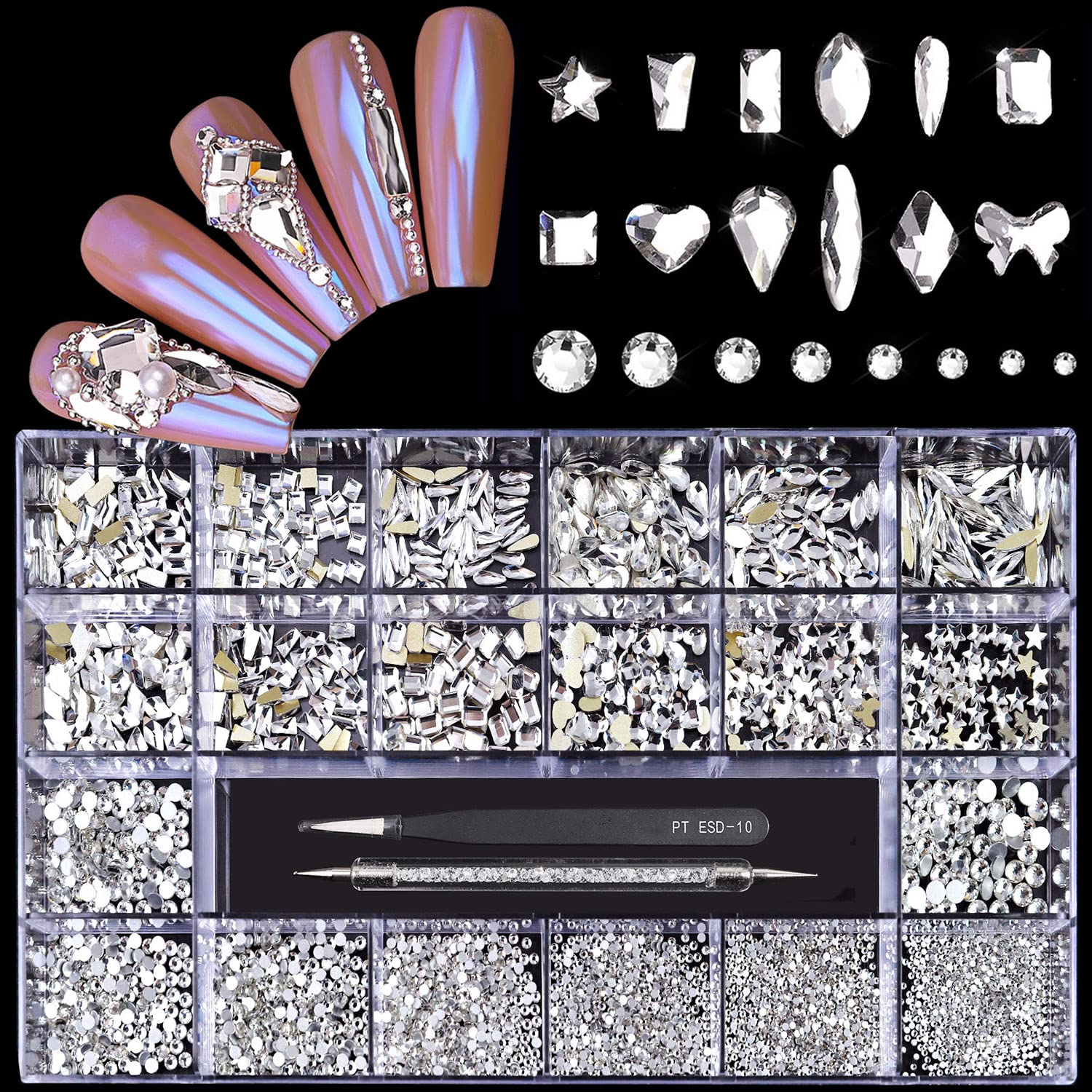 Photo 1 of Yzzseven 12 Types of 600 White Diamonds + 2500 Flat Rhinestones Mix 20 Styles Flatback DIY Crafts Rhinestone Crystals 3D Ornament?s Flat Back Stones Set + Tweezers + Drill Pen