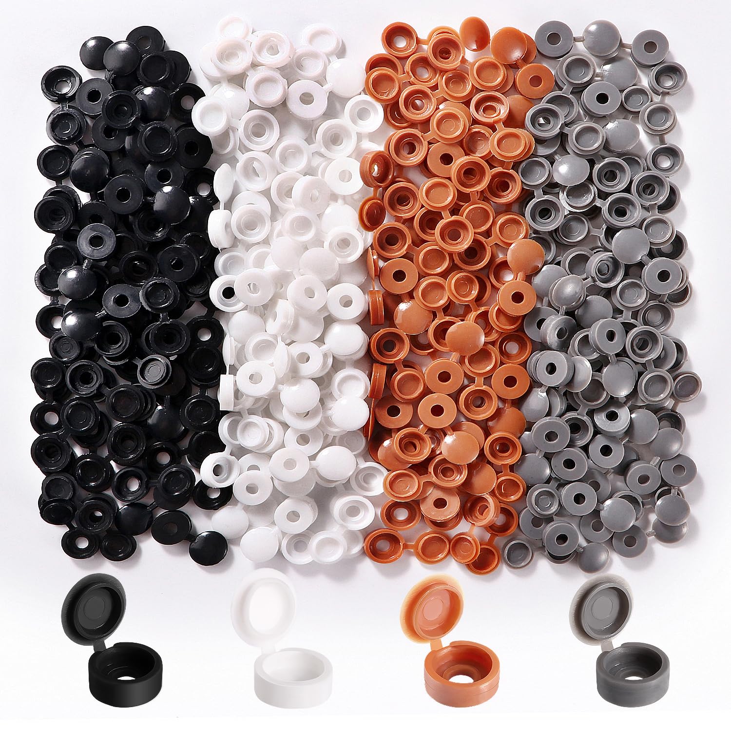 YIXISI 240 PCS Plastic Hinged Screw Cover Caps, Fold Screw Snap Covers Washer Flip Tops for Number 6/8 Screws, for Furniture, Cabinet, Cupboard, Shelf, White/Gray/Black/Brown