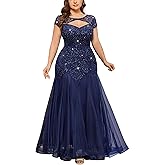 MISSMAY Women's Plus Size Sequin Lace Cut Out Tulle Mermaid Formal Bodycon Evening Maxi Dress