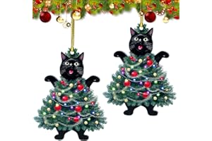 Oslynia 2 Pcs Christmas Tree Ornaments, Cute Black Cat Acrylic Cat Ornaments for Christmas Tree, Holiday Hanging Festive Deco