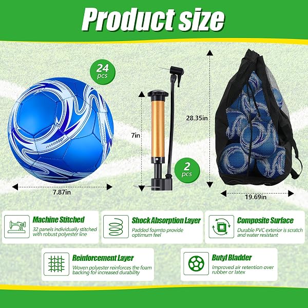 REALSPRING 24 PCS DEFLATED SOCCER BALLS BULK WITH PUMP BAG OFFICIAL SIZE FOOTBALL FOR YOUTH OUTDOOR OUTSIDE SPORT TRAINING GIFT SPORT TRAINING PRACTICE BIRTHDAY GIFT FOR CHILD ADULT(SIZE 4)
