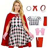 Bvxmsel Womens Cindy Lou Who Costume Adult 7 PCS Christmas Plaid Dress with Red Velvet Cape Santa Dress up