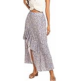 TEERFU Womens Boho Floral Print Long Skirt Dress Chic High Low Side Split Ruffle Hem Elastic Waist Swing Maxi Dresses