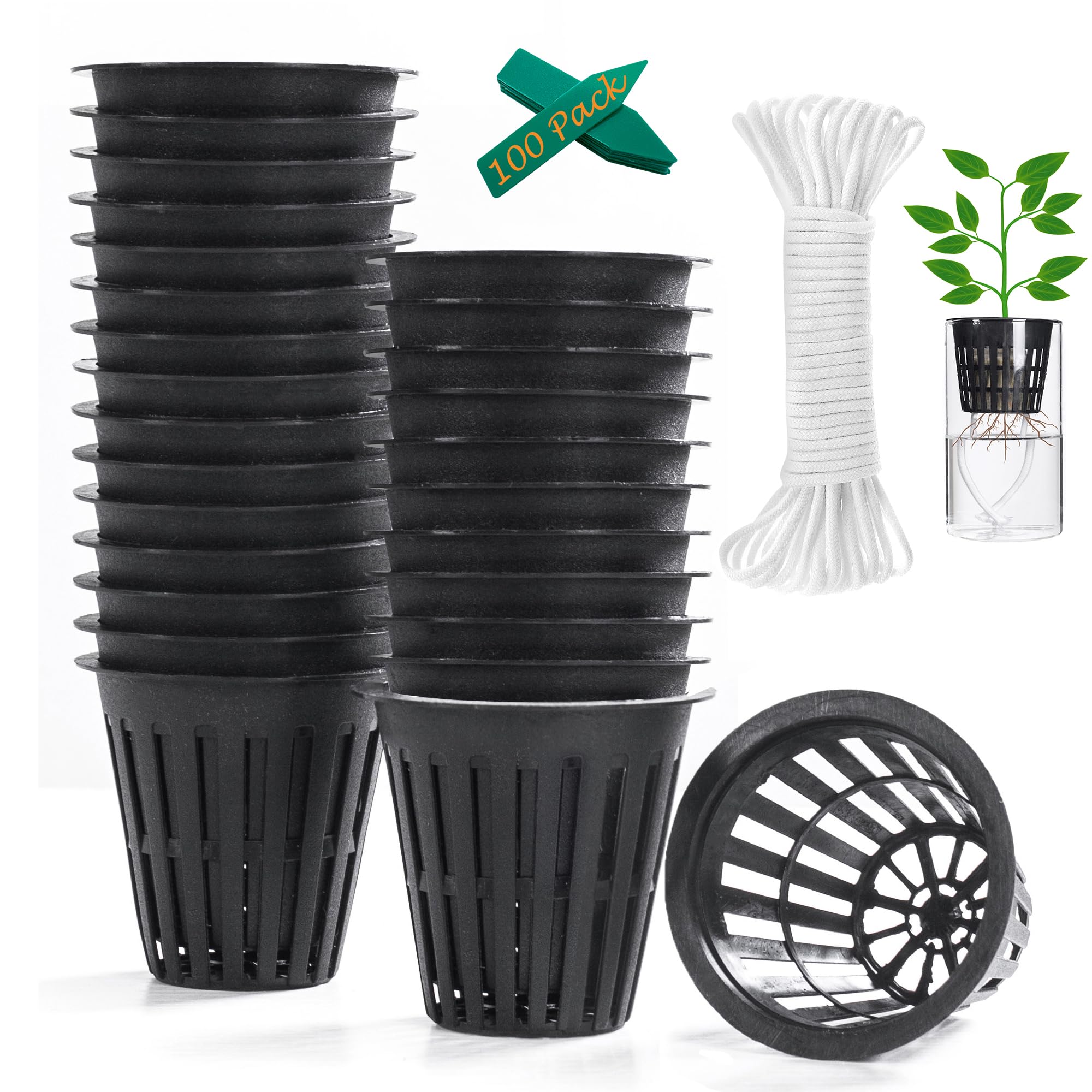 ORIMERC 100 Pack 2 inch (5cm) Net Cup Pots with 30m Watering Wick & 100 Plant Labels for Hydroponic Aquaponics Kratky Indoor Outdoor Growing Netted Baskets Slotted Mesh UV Resistant & BPA Free