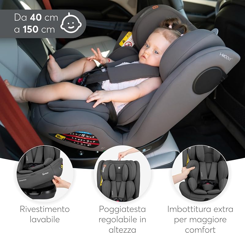 KikkaBoo Seggiolino Auto 0–36 kg ISOFIX i-Size i-MOOVE 2, 40–150 cm, Rotazione 360°, Reclinabile, Poggiatesta Regolabile, Contro e Fronte Marcia, Nero
