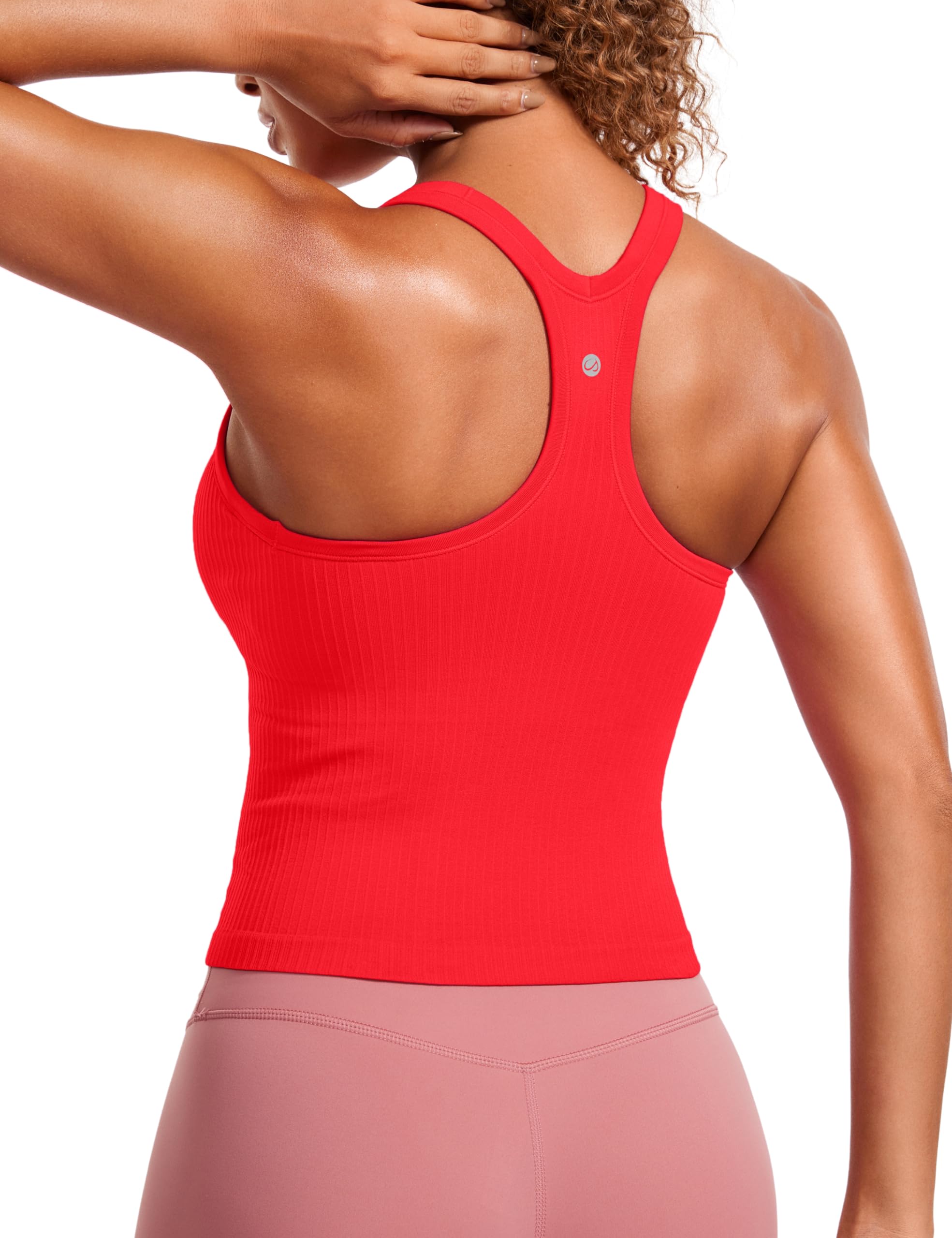 Photo 1 of CRZ YOGA Seamless Ribbed Womens Tank Top Racerback Camisoles with Built in Bra Padded Scoop Neck Athletic Workout Slim Tanks Deep Red Large