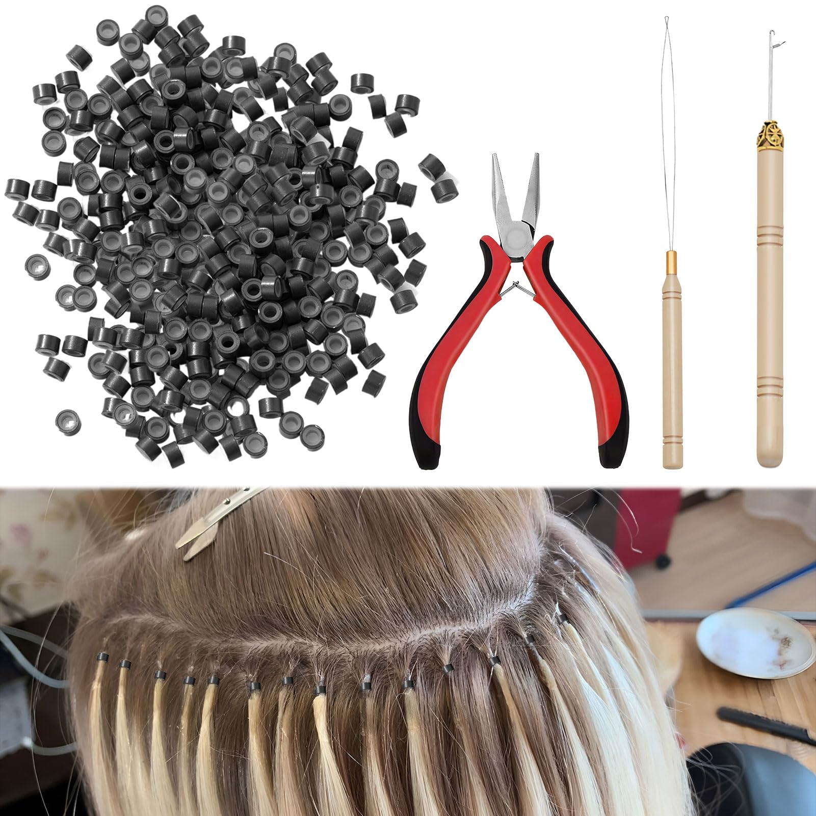 Nano Beads Hair Extensions Kit,1PCS Hair Extension Tools for Kit,Hair Extension Beads For Hair E xtensionsextensions Professional Tools,H air E xtension Pliers and Loop Threader for Extending H air