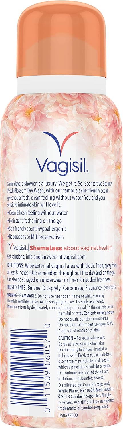 Vagisil Scentsitive Scents Feminine Dry Wash Deodorant Spray for Women, Gynecologist Tested, Paraben Free, Peach Blossom: Health & Personal Care