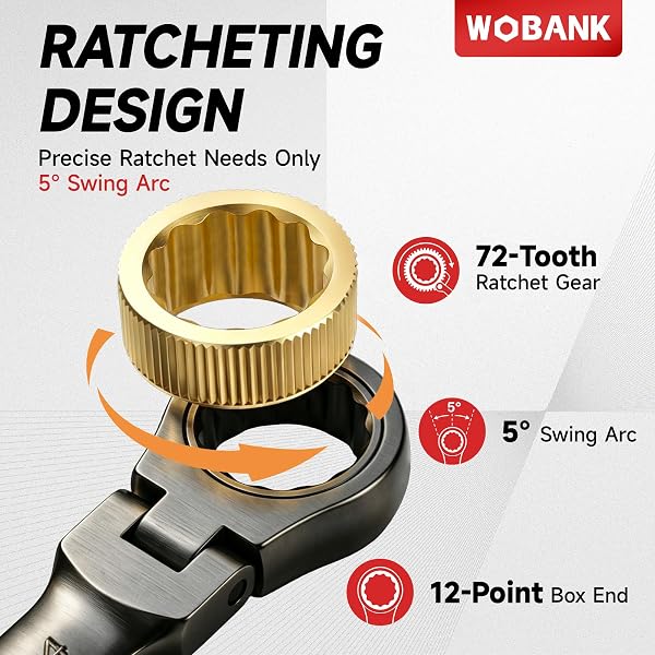 WOBANK 22-PIECE RATCHETING WRENCH SET, FLEX HEAD COMBINATION WRENCHES SET WITH ORGANIZER BOX, METRIC 8-19MM AND SAE 1/4″ TO 3/4″ SIZE, 12 POINTS 72-TEETH, NICKEL PLATING