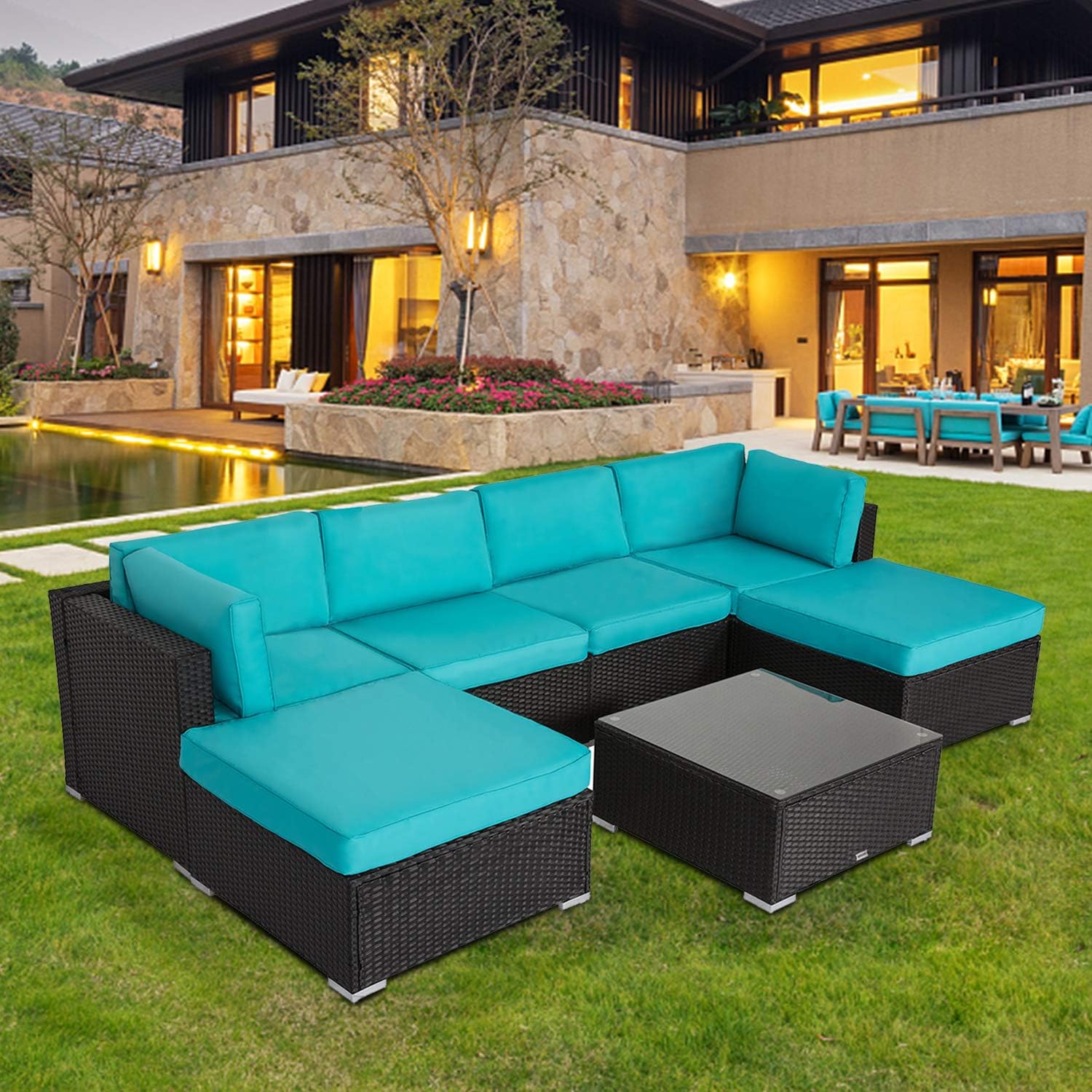 Kinbor Outdoor Sectional Sofa 7 PCs Rattan Wicker Furniture Sofa with Blue Washable Seat Cushions & Free Sofa Clips & Modern Glass Coffee,Backyard,Patio,Pool