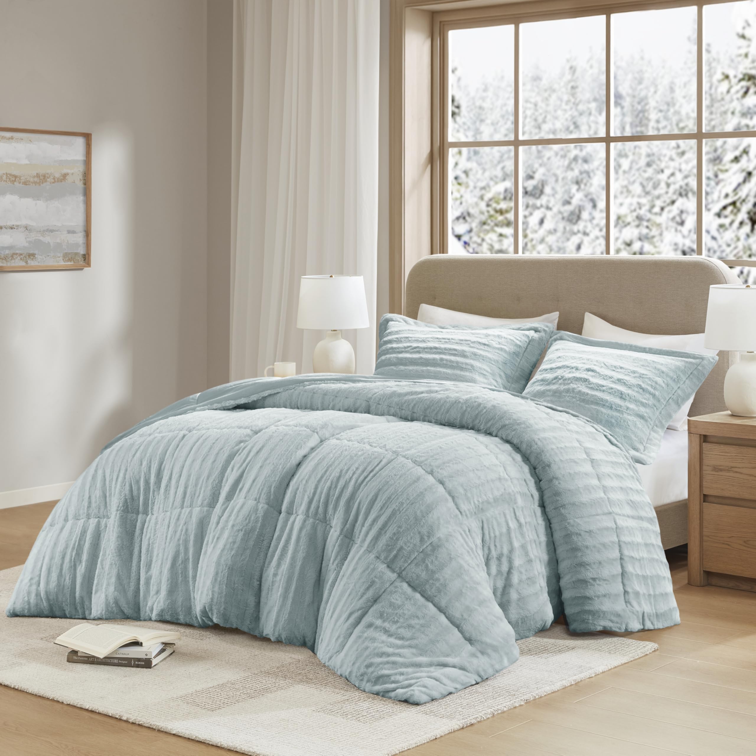 Madison Park Duke Luxe Faux Fur Reversible Comforter Set, Soft Plush Reverse, Modern Down Alternative Filling Cozy Bedding, Box Quilted Warm Cover, Matching Shams, Full/Queen, Aqua 3 Piece Image