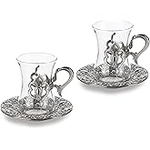 Alisveristime (SET OF 2) Turkish Tea Set with Zamac Holders, Glass Cups, and Saucers – 100ml Capacity, Ottoman Style in Gold and Silver (Silver)
