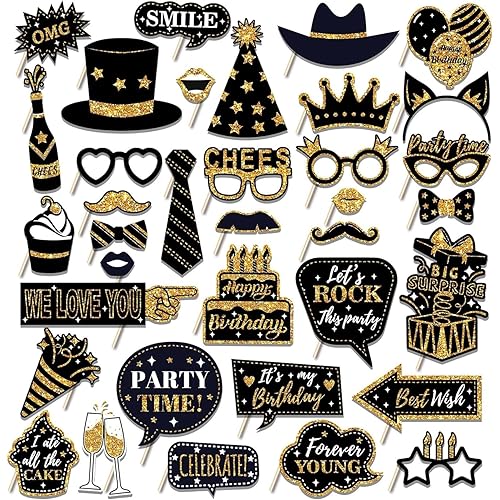 VGRDTW 36PCS Photo Booth Props for Adults - Elegant Black & Gold Photography Props Kit with Party Decorations for Birthdays, Weddings & Holiday Celebrations