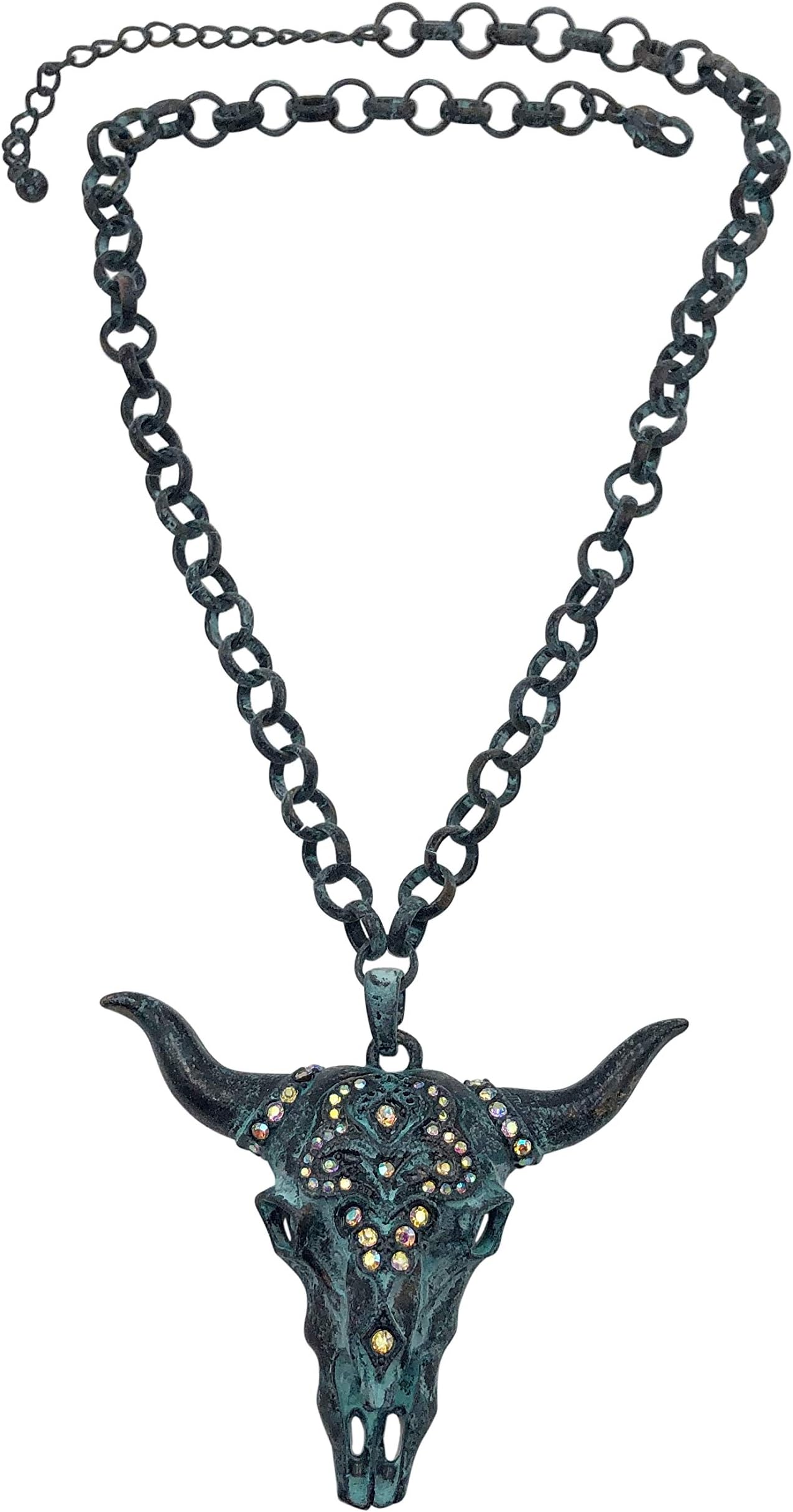 Gypsy JewelsWestern Style Chunky Large Statement Pendant Green Vintage Patina Look Chain Necklace
