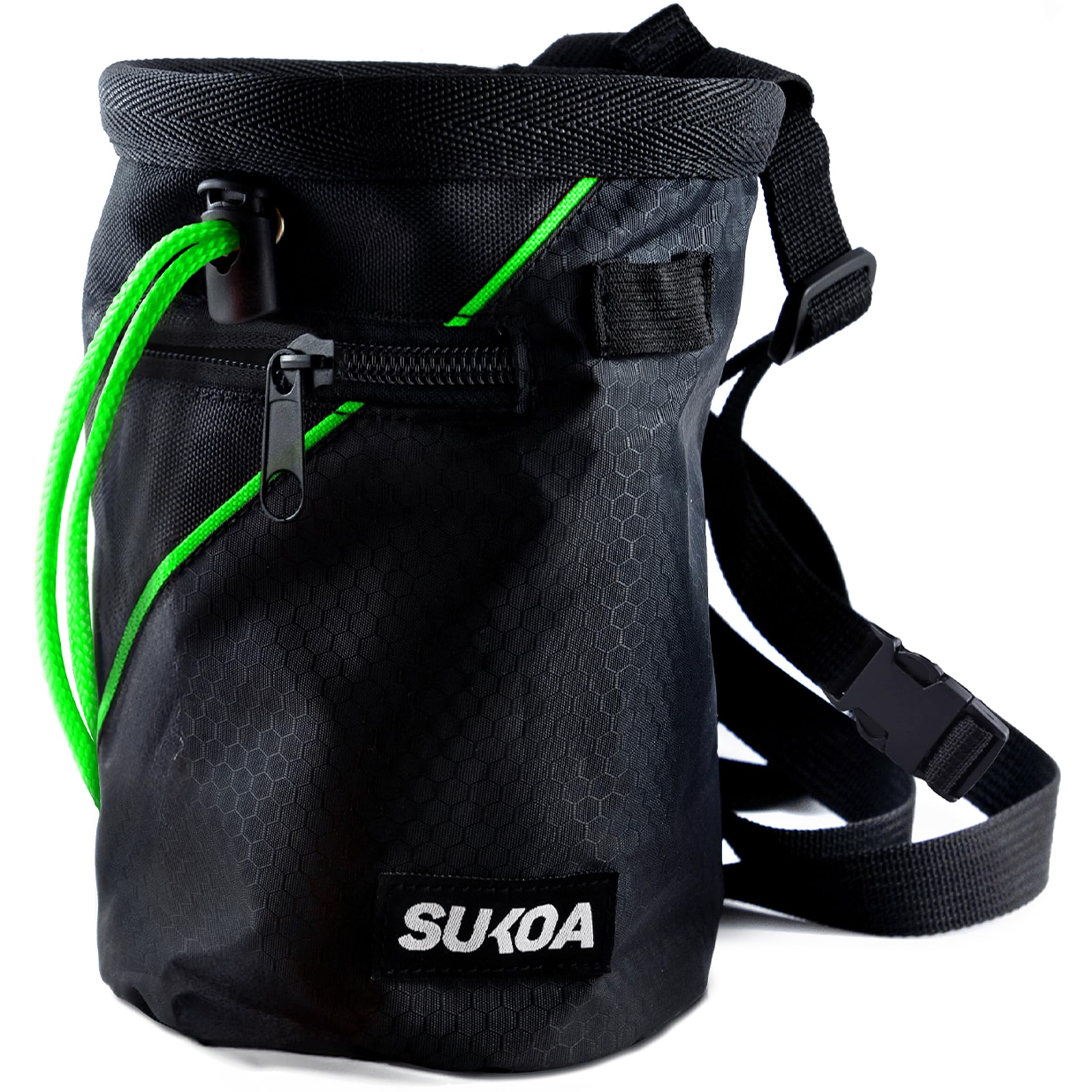 Sukoa Chalk Bag for Rock Climbing - Bouldering Chalk Bag Bucket with Quick-Clip Belt and 2 Large Zippered Pockets - Rock Climbing Gear Equipment (Green)