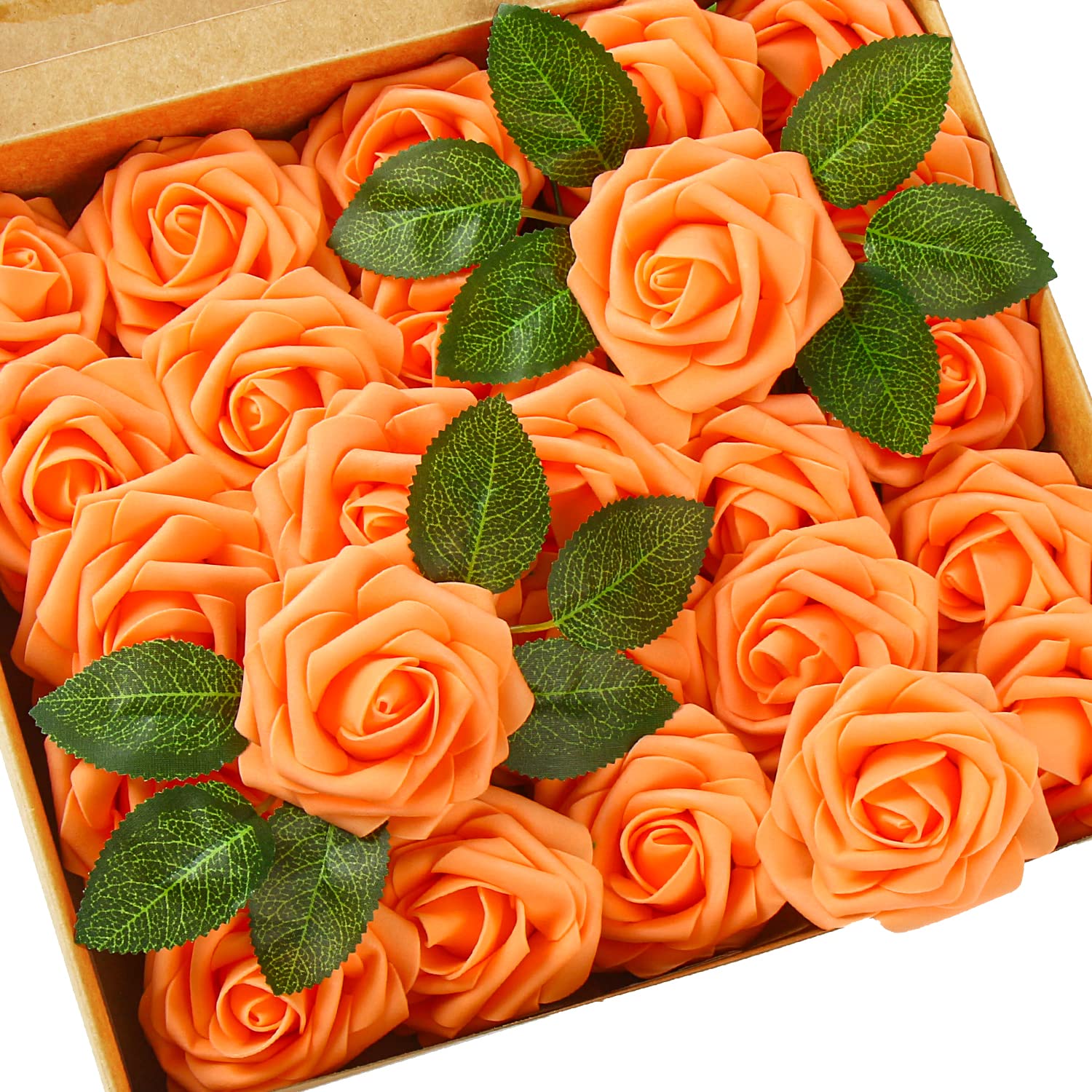 DERAYEE 25 PCS Artificial Roses, Foam Roses Flowers DIY Flower for Wedding Bridal Bouquets Home Party Garden Decorations (Orange)