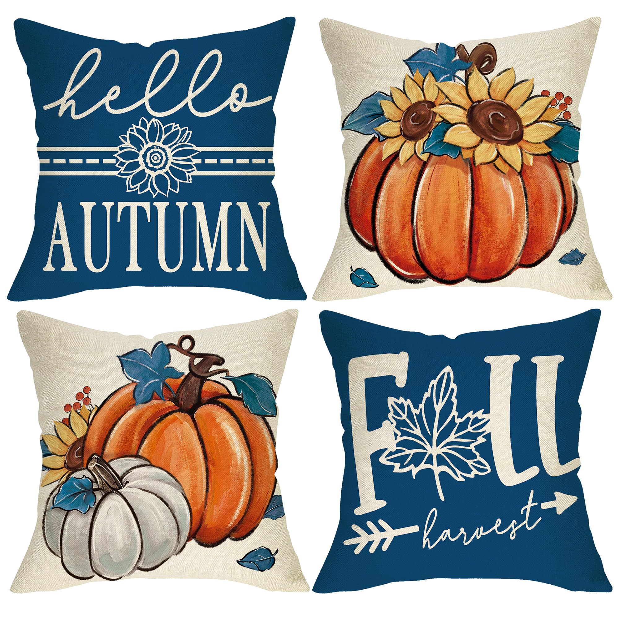 Photo 1 of Fjfz Hello Autumn Pumpkin Decorative Throw Pillow Covers 20 x 20 Set of 4, Fall Harvest Navy Blue Porch Outdoor Home Decor, Sunflower Maple Leaves Seasonal Couch Cushion Case