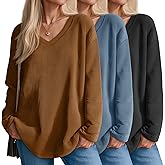 Velvelhall 3 Pack Women's Oversized Waffle Knit Shirts, V Neck Long Sleeve Top Fall Casual Sweatshirt for Women(Charcoal Gray,Haze Blue,Pumpkin,Medium)