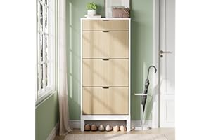 Garvee Fluted Shoe Storage Cabinet with 3 Flip Drawers, 55in Tall Modern Shoe Rack Organizer, White Freestanding Hidden Slim 