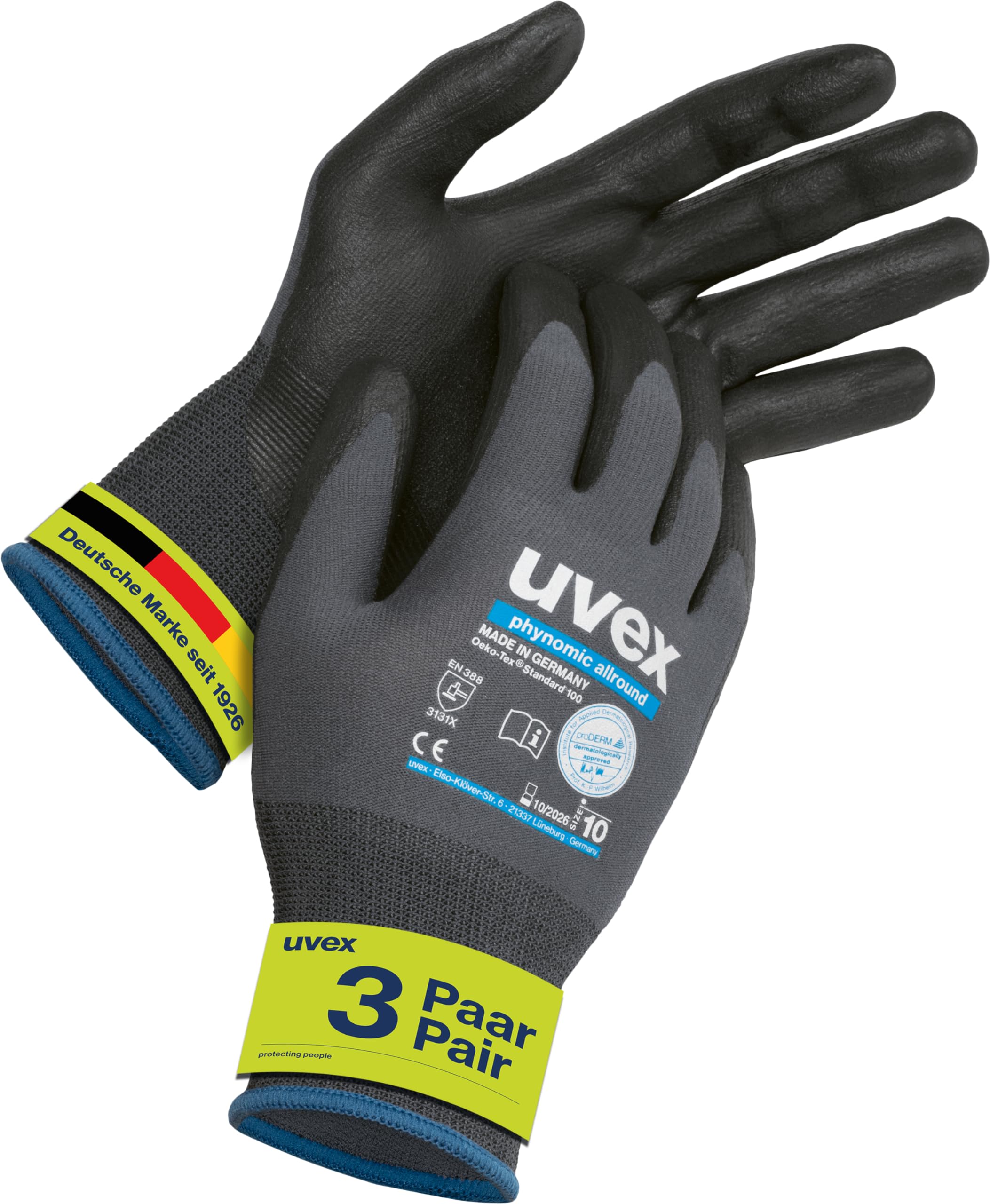 Uvex Safety phynomic Allround 3-pack gloves for garden, workshop and operation, light mounting gloves, moisture-repellent protective gloves, grey