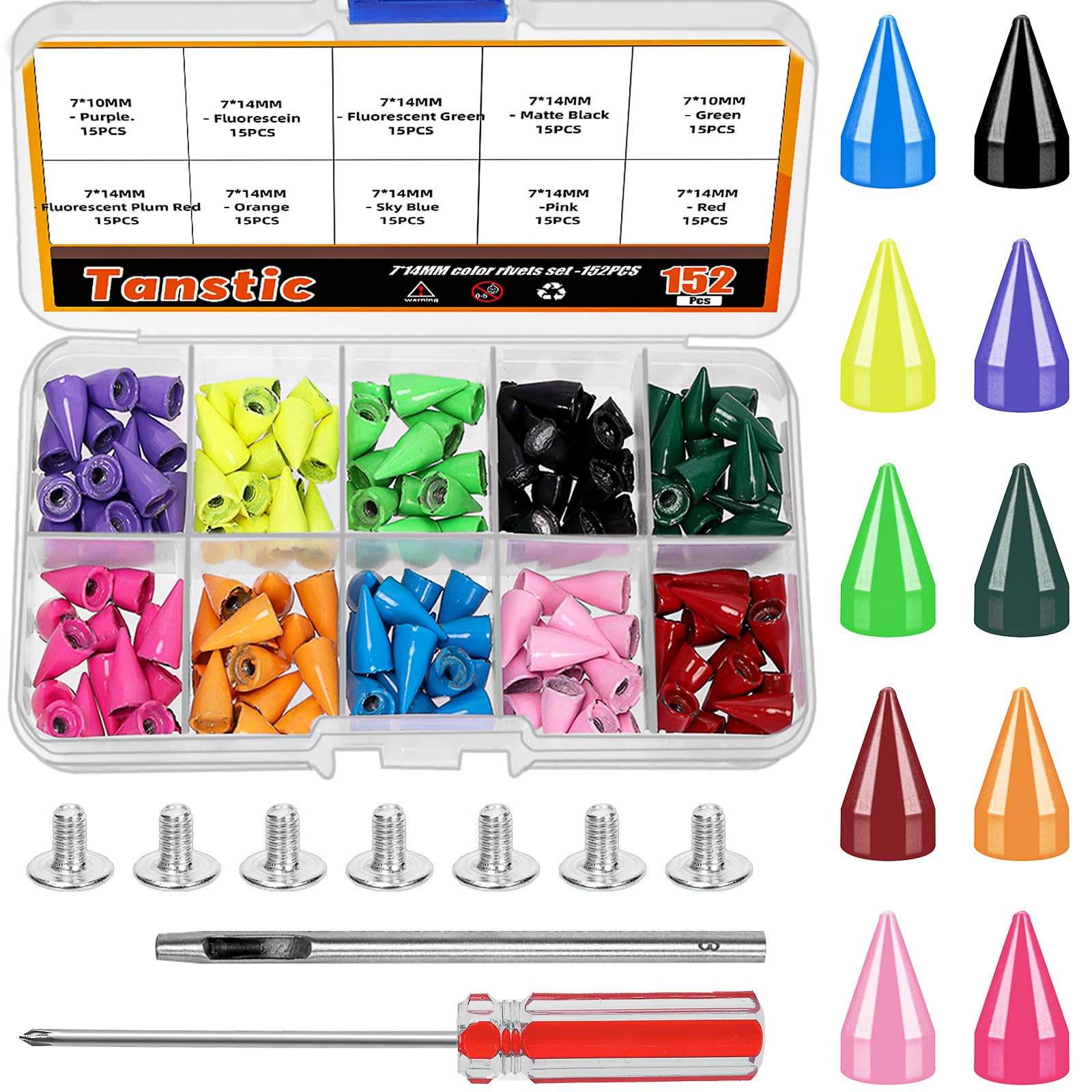 Tanstic 152Pcs Metal Spikes and Studs Kit, 7 x 14mm 10 Colors Bullet Cone Spikes Screw Back Studs Spikes Leather Punk Spikes with Installation Tools for Clothing Shoes Belts Leather Craft