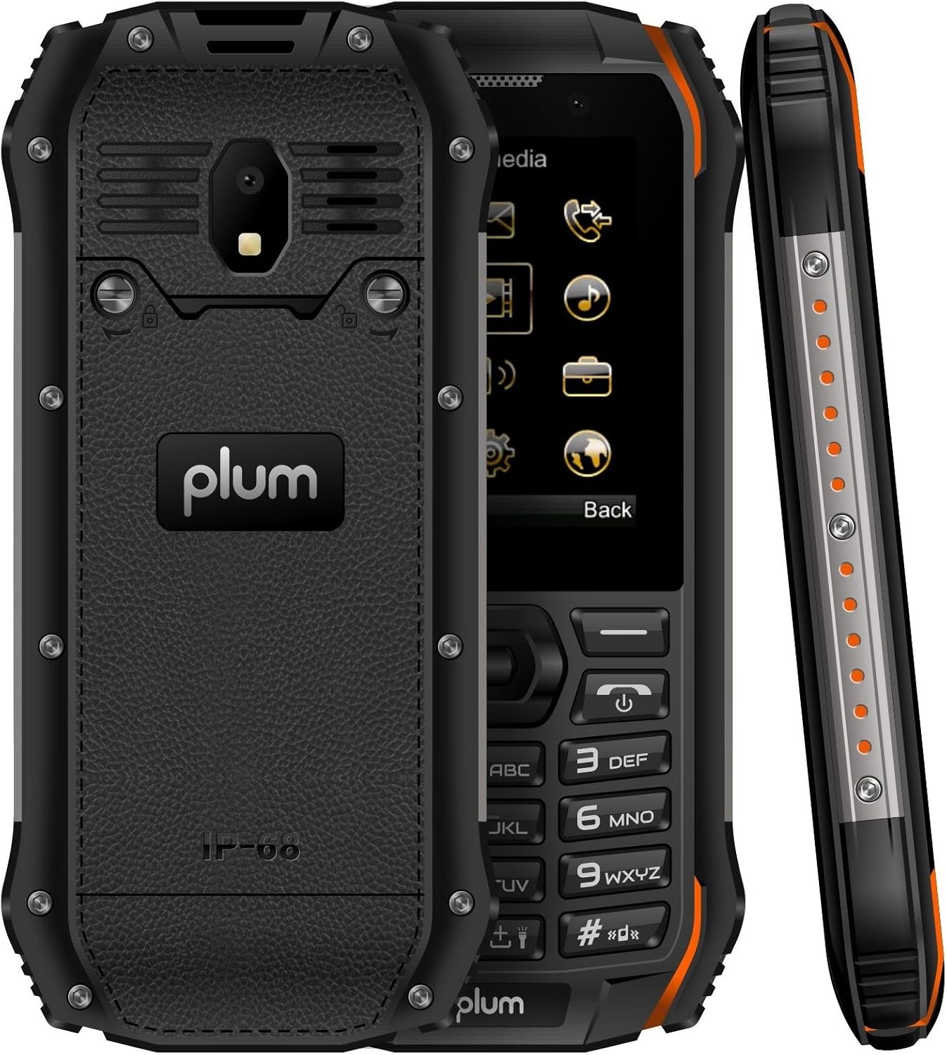 Plum Ram 7-3G Rugged Unlocked Cell Phone GSM - IP68 Certified Military Grade Water Shock Proof ATT Tmobile Cricket Metro Mint Net10 Straight Talk Walmart Mobile Consumer Cellular, Black Orange