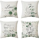 Aartner 4 Pack Wedding Gift for Couple Eucalyptus Leaf Throw Pillow Covers 18'' Cotton Bible Verse Jesus Christian Gift Green Leaves Summer Cushion Case Decoration Sofa Couch Hidden Zipper