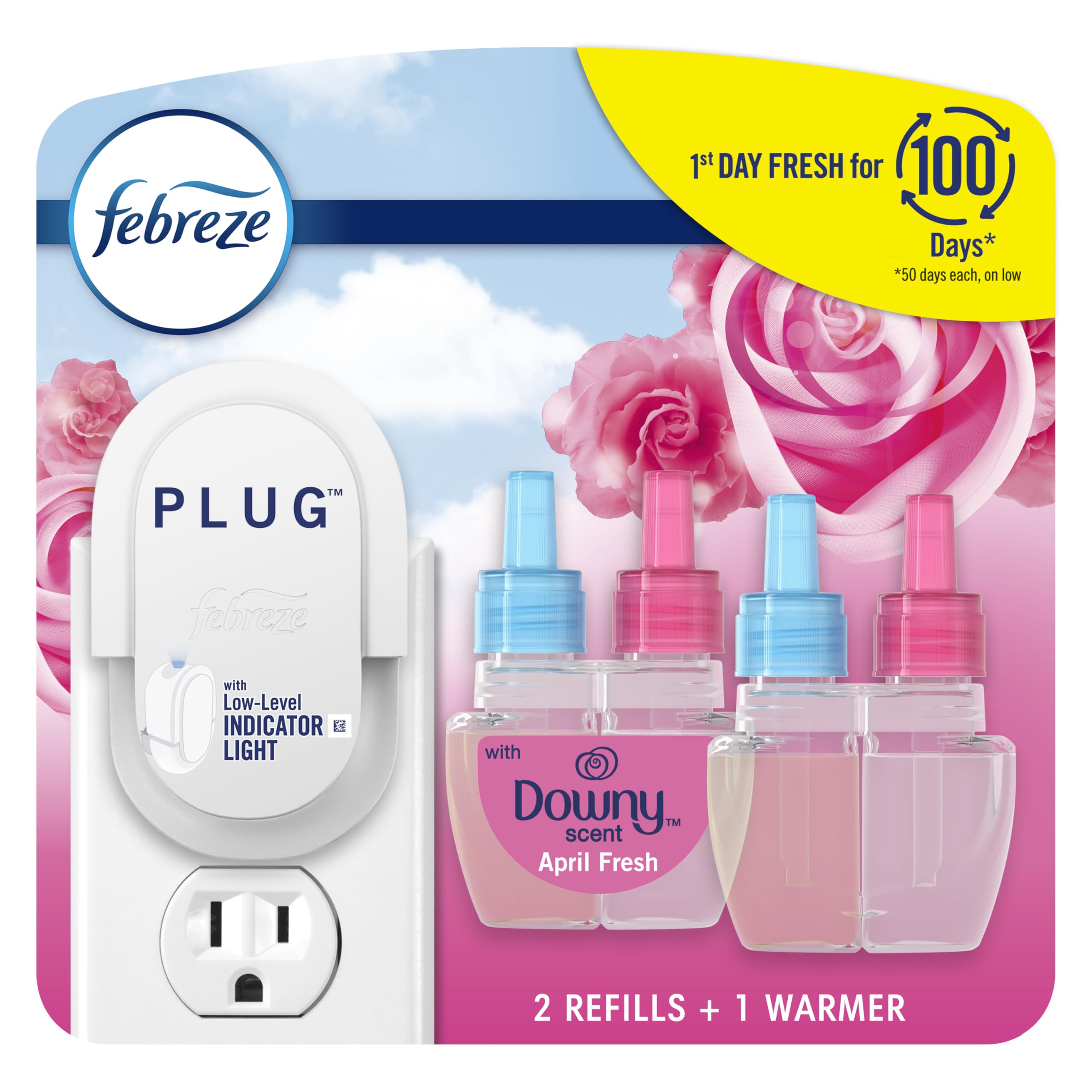 Photo 1 of Febreze Plug In Air Freshener, Odor-Fighting Scented Oil Starter Kit, Air Fresheners for Home and Bathroom and Kitchen, Long Lasting for Strong Odors, Downy April Fresh Scent, Warmer + 2 Refill