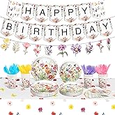 Blueweenly 173 Pcs Wildflower Party Decorations Wildflower Tablecloth Flower Happy Birthday Banner Disposable Plates Napkins Tableware Set for Wildflower Spring Summer Birthday Decorations