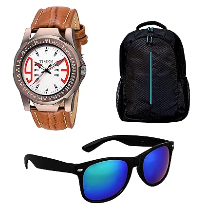 Timer Combo of Laptop Bag and Analog White Dial Brown Strap Wrist Watch with Sunglass for Men & Boys