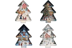 Jrusmr 4 Pcs 13 x 10 Inch Christmas Tree Serving Trays, Melamine Platters Featuring Colorful Snow Play, Ice Skating & Holiday