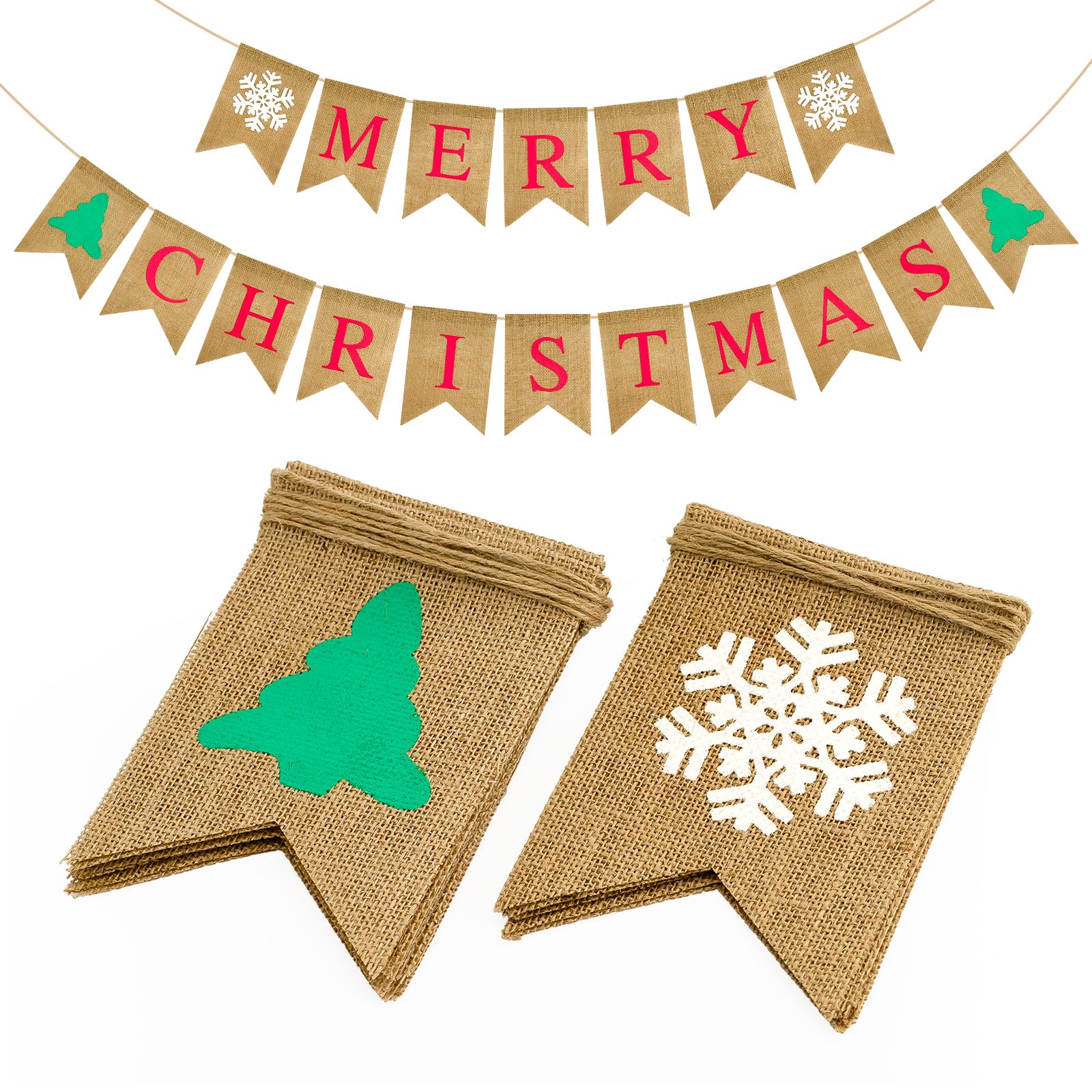 G2PLUS Merry Christmas Burlap Banner with Snowflakes, Rustic Christmas Garland with 18 Flag Pennants, Hessian Bunting for Xmas Decoration