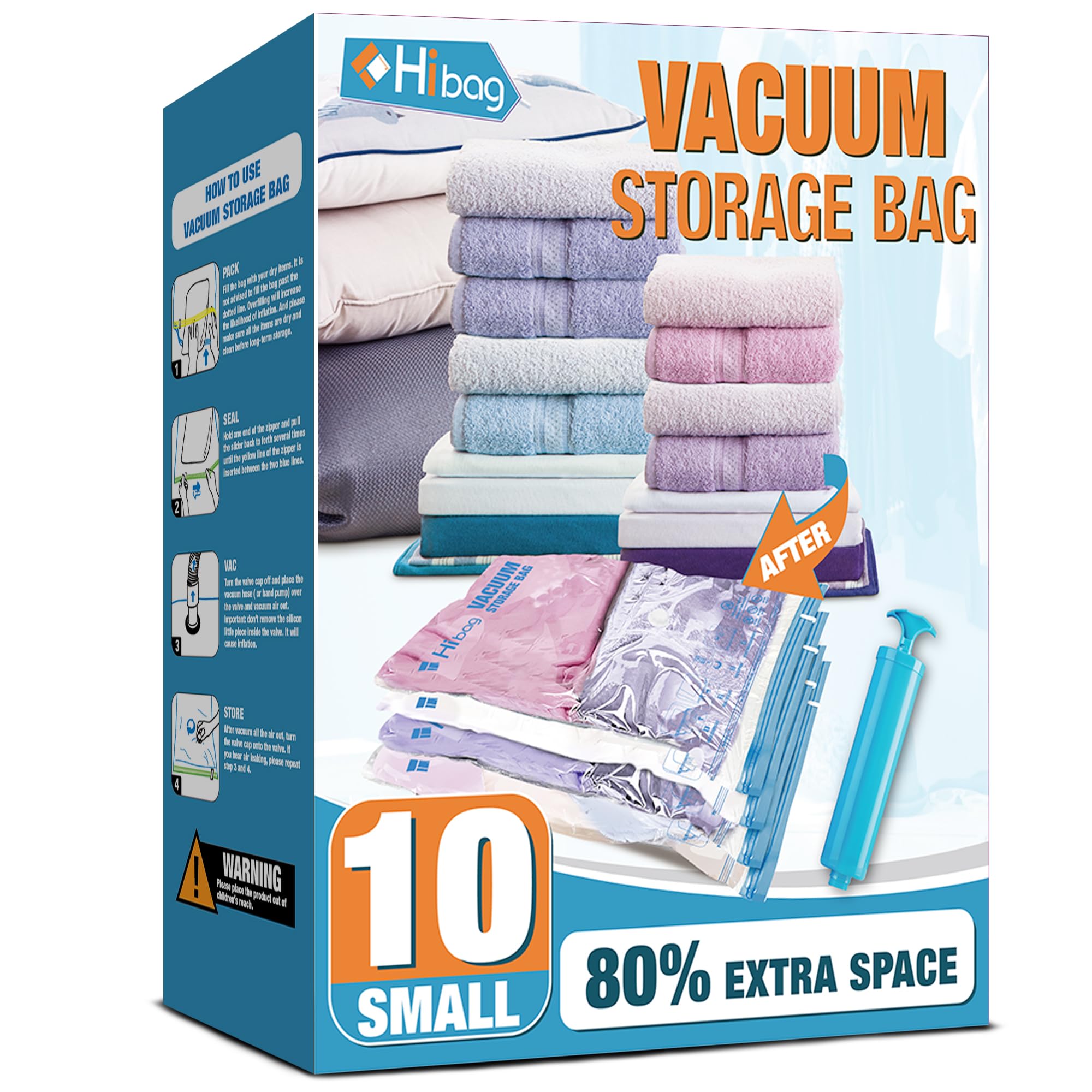 Vacuum Storage Bags, 10 Small Space Saver Vacuum Seal Bags, Space Bags, Vacuum Sealer Bags for Clothes with Travel Hand Pump (10S)