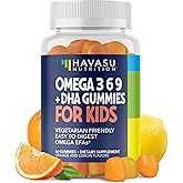 Omega 3 6 9 + DHA Gummies for Kids - Vegetarian, Plant-Based Fish Oil with DHA and EPA for Children 2+ to Support Body and Brain Development - No Fishy Taste - Lemon and Orange Flavors - 60 Count