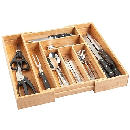 Extending Bamboo Wooden Cutlery Tray Organiser Kitchen Expandable